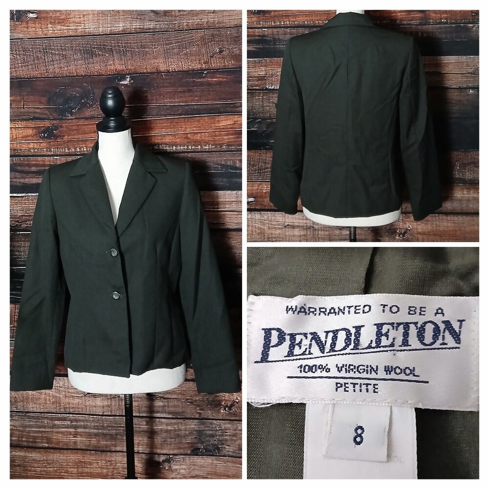 Pendleton Vintage Blazer Jacket 8 Petite 100% Virgin Wool Dark Green USA Made